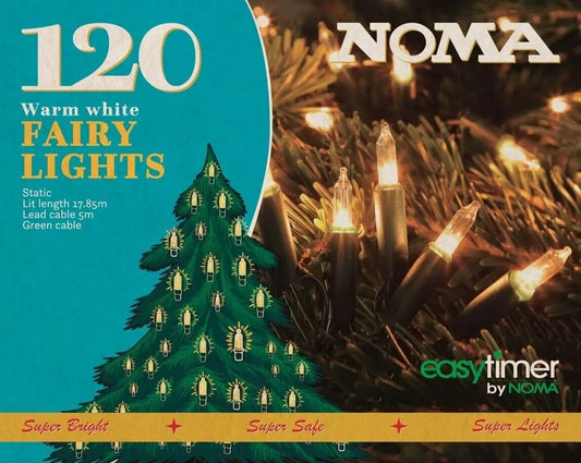 NOMA warm white fairy lights packaging with Christmas tree illustration and product details.