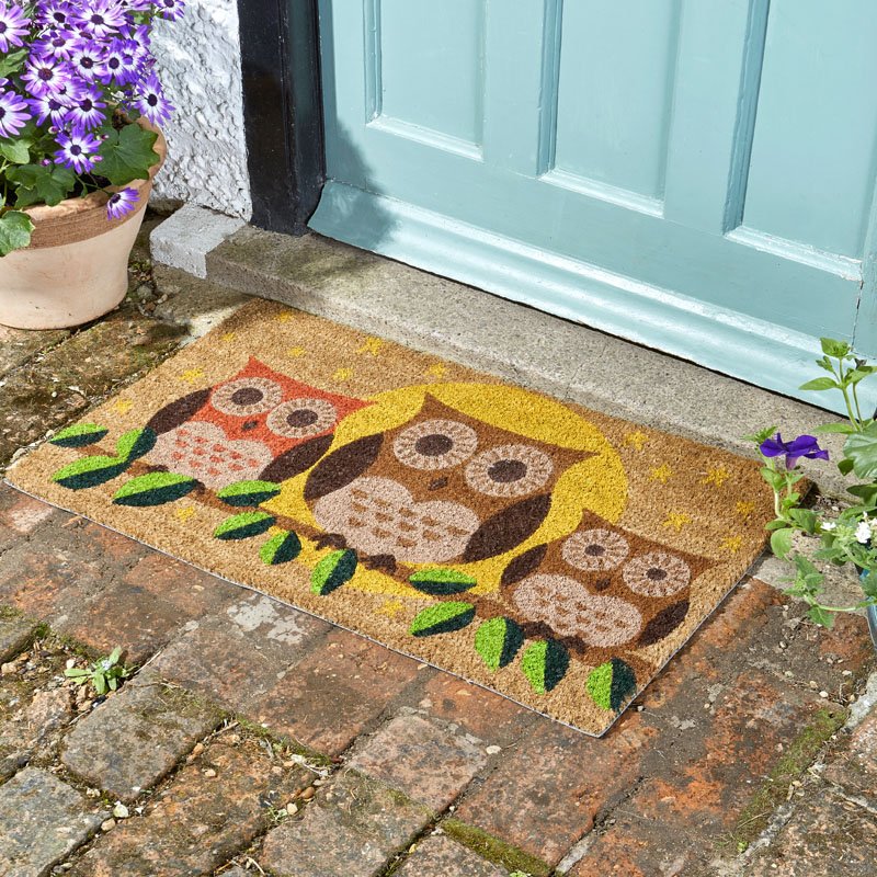 Hooters owl coir doormat with three colourful owls on a branch, on a brick step by a front door