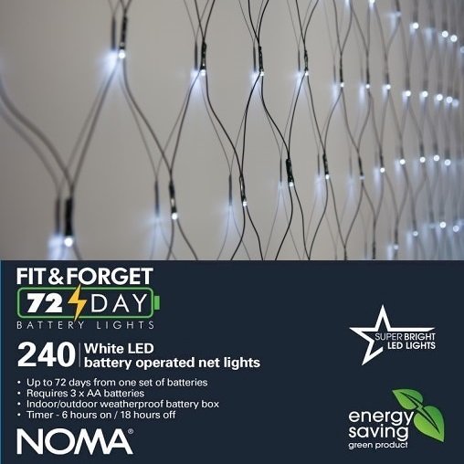 the front of the box for NOMA 240 cool white LED battery operated net lights
