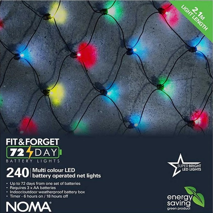 the front of the box for NOMA 240 multicolour LED battery operated net lights