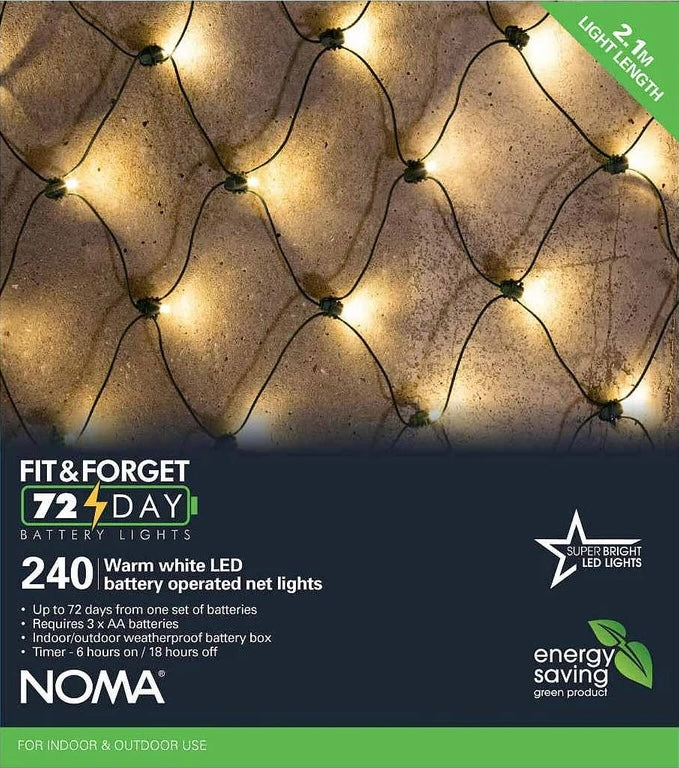 the front of the box for NOMA 240 warm white LED battery operated net lights