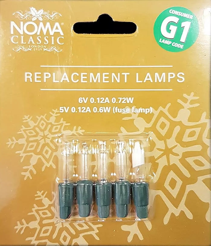 packaging for NOMA G1 replacement lamps, pack of four clear bulbs and one fuse lamp