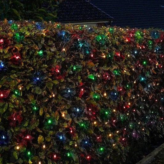 NOMA multicolour LED net lights on a hedge