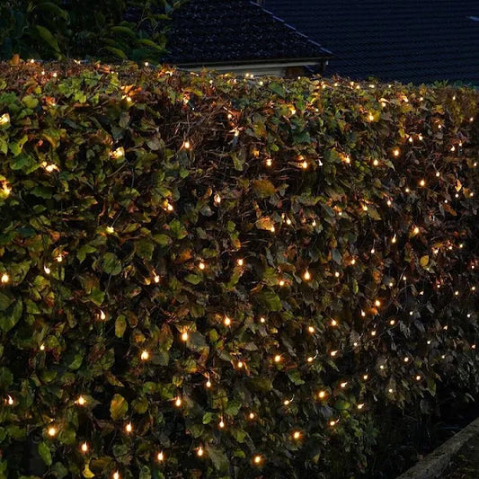 NOMA warm white LED net lights on a hedge