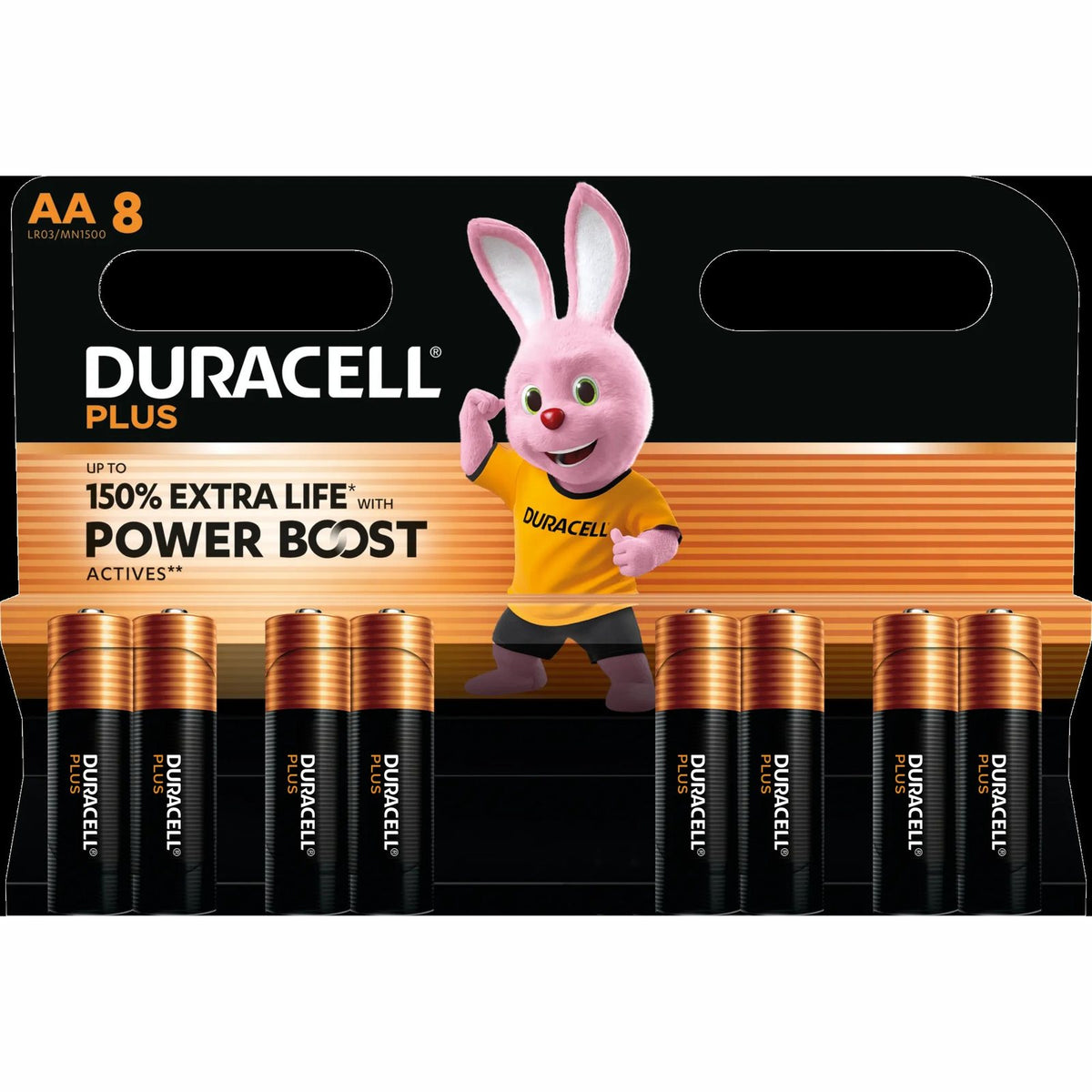 Duracell Plus AA alkaline batteries, pack of 8 on card
