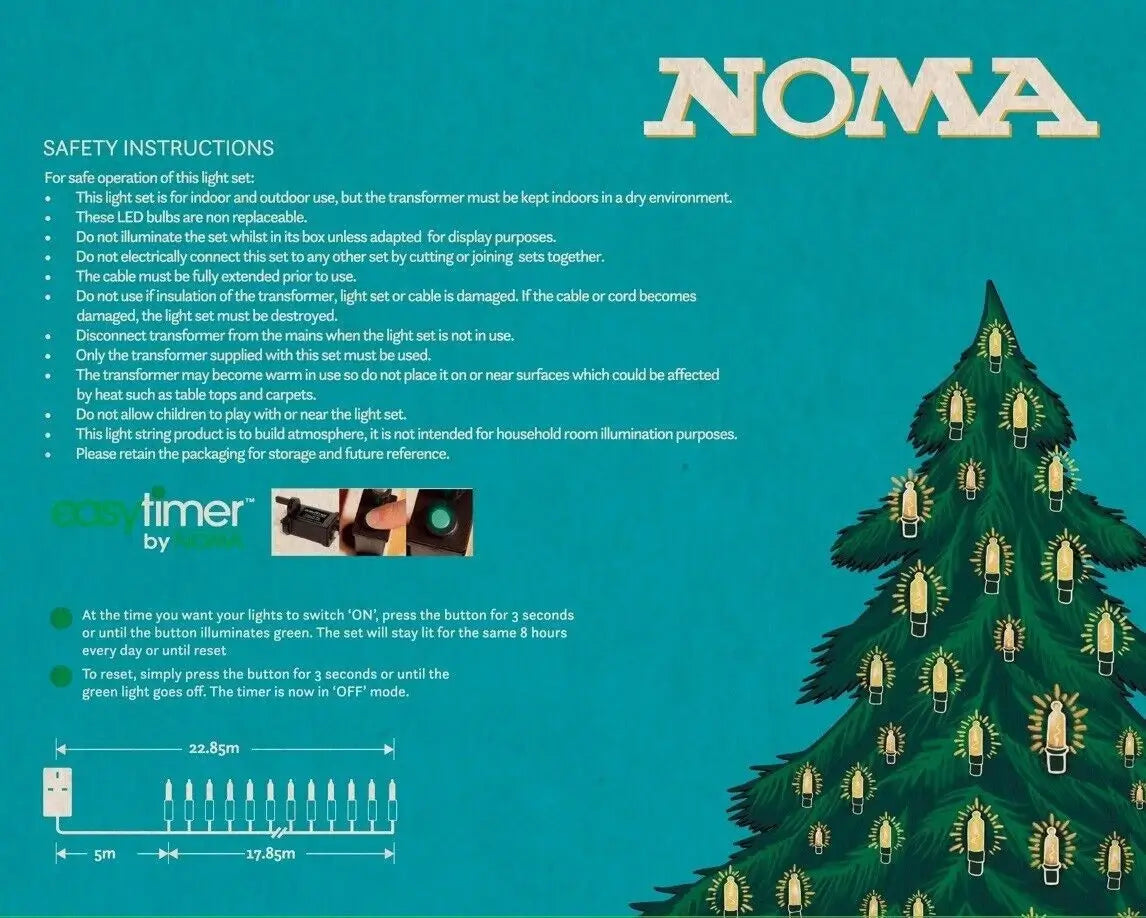 NOMA classic fairy lights set safety instructions and timer instructions on a blue background with a Christmas tree illustration.