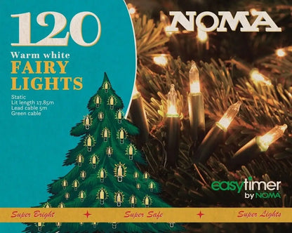 NOMA warm white fairy lights packaging with Christmas tree illustration and product details.
