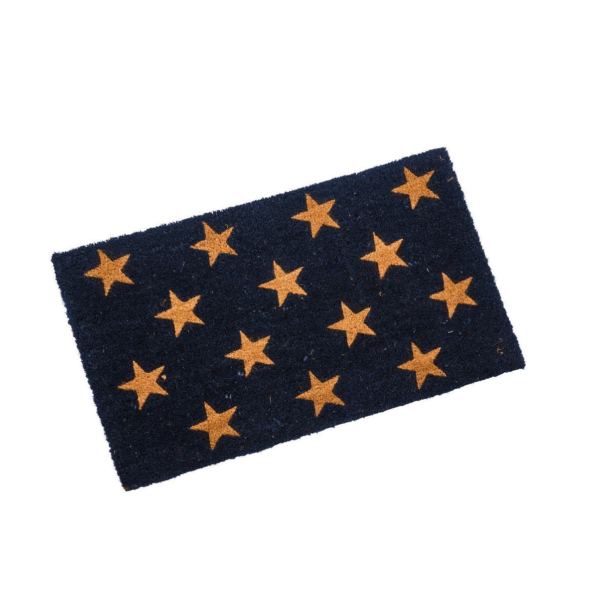 Stars coir doormat with tan star pattern on navy blue, 75 x 45cm, on white background