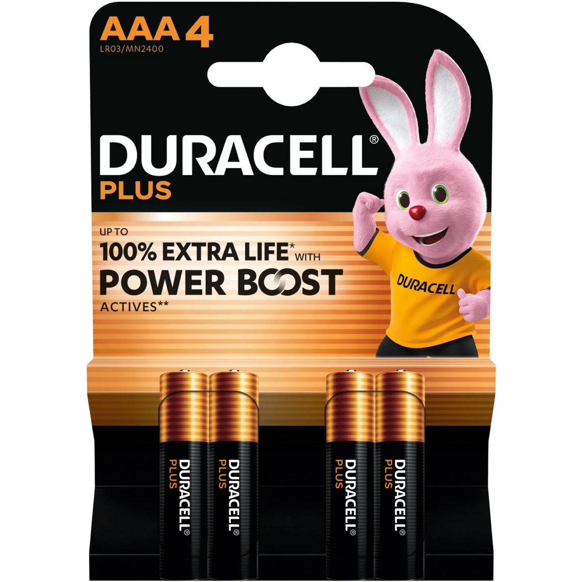 Duracell Plus AAA alkaline batteries, pack of 4 on card