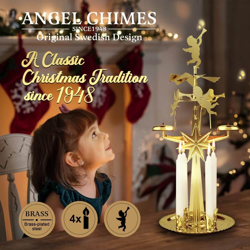 Angel Chimes key features, brass, 4 candles included, cherub ornaments