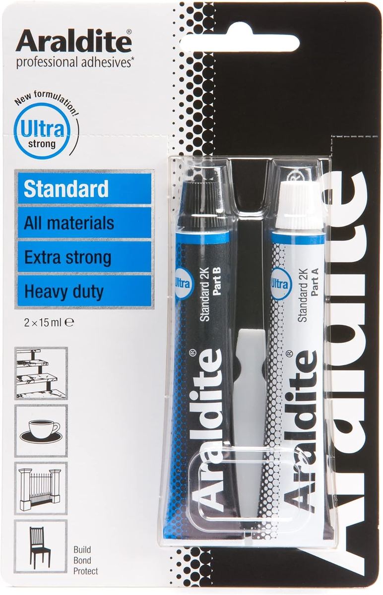 Araldite Standard two-part epoxy adhesive packaging, 2x15ml tubes, Ultra Strong formulation