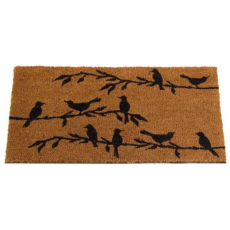 Bird song coir doormat with black bird silhouettes on branches, 75 x 45cm, on white background