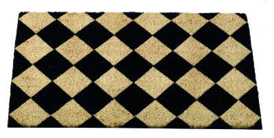 Black and white checkered coir doormat with diamond pattern, 75 x 45cm, on white background