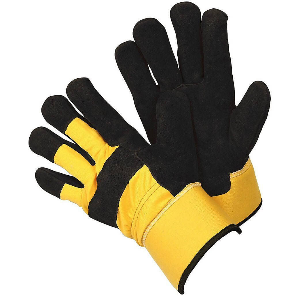 Briers Thermal Tuff Rigger leather gardening gloves in yellow and black, showing knuckle guard and wrist cuff