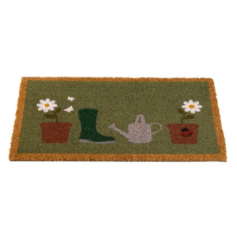 Flower pots gardening coir doormat with wellington boot and watering can design, 75 x 45cm, on white background