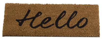 Hello welcome mat coir insert with black script lettering, close-up on white background