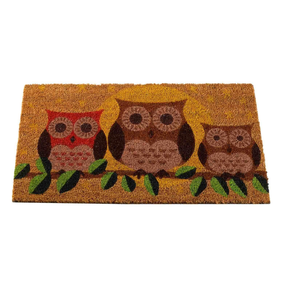 Hooters owl coir doormat with three colourful owls on a branch, 75 x 45cm, on white background