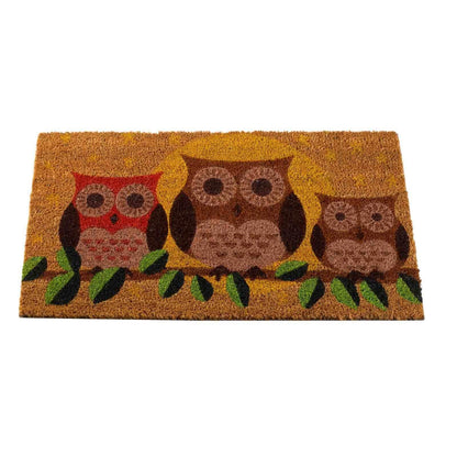 Hooters owl coir doormat with three colourful owls on a branch, 75 x 45cm, on white background