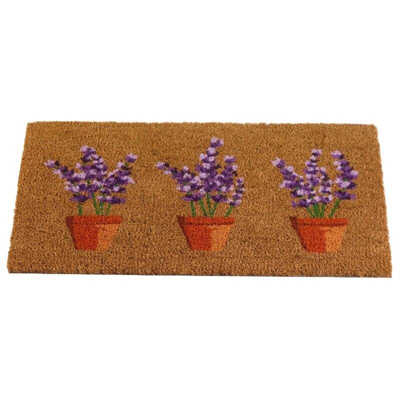 Lavender coir doormat with three potted lavender plants, 75 x 45cm, on white background