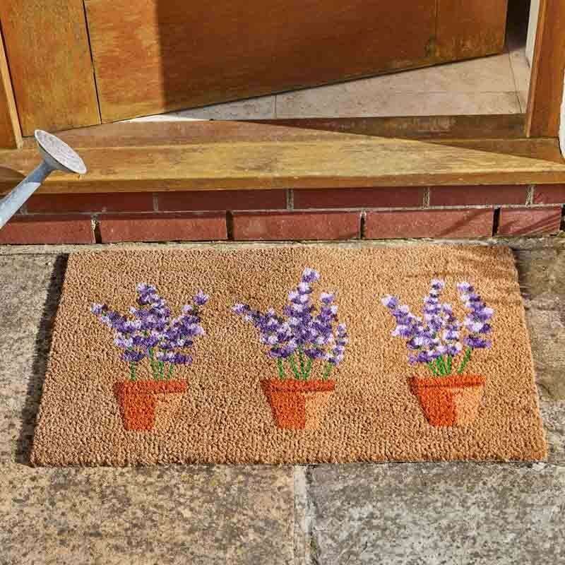 Lavender coir doormat with potted lavender plants on a stone step by a front door