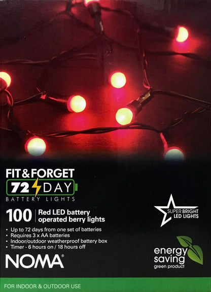 the front of the box for NOMA 100 red LED battery operated berry lights