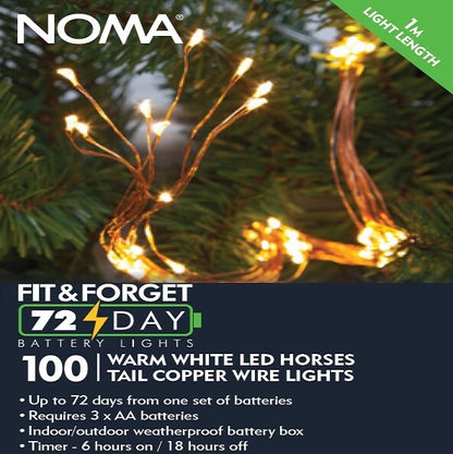 the front of the box for NOMA 100 warm white LED horses tail copper wire lights