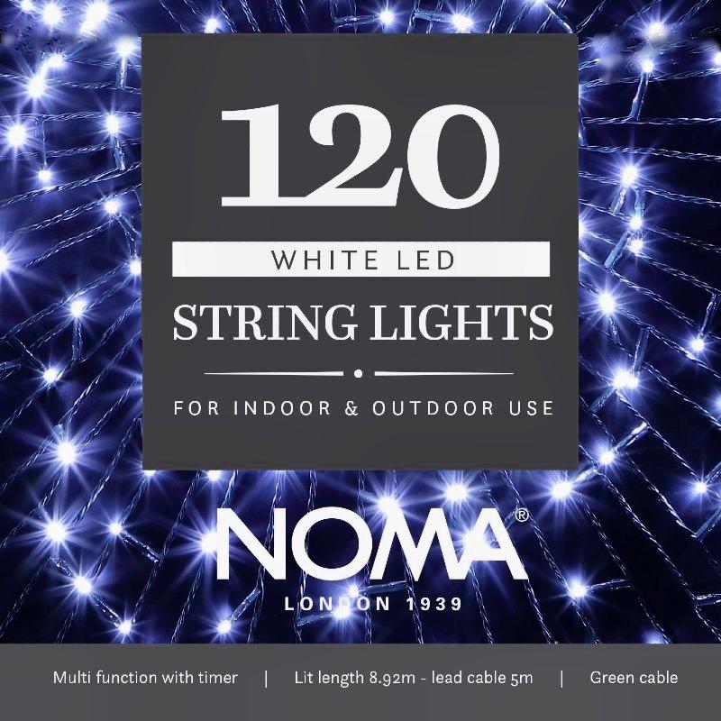 the front of the box for NOMA 120 cool white led string lights