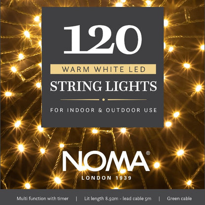 the front of the box for NOMA 120 warm white LED string lights