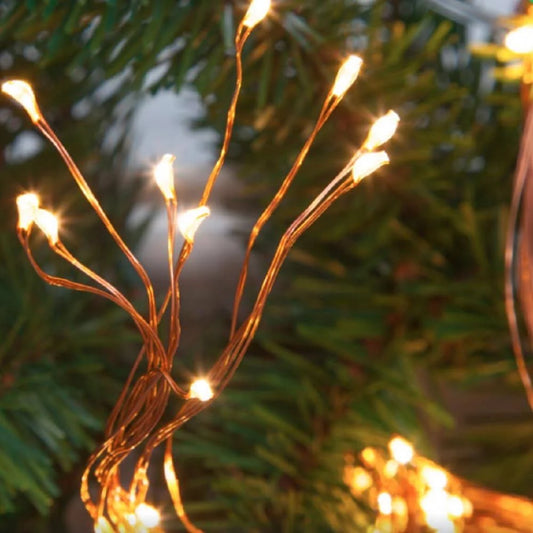 close up shot of NOMA warm white copper wire horses tail LED lights