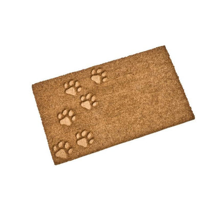 Paw prints embossed coir doormat with tonal paw print design, 75 x 45cm, on white background
