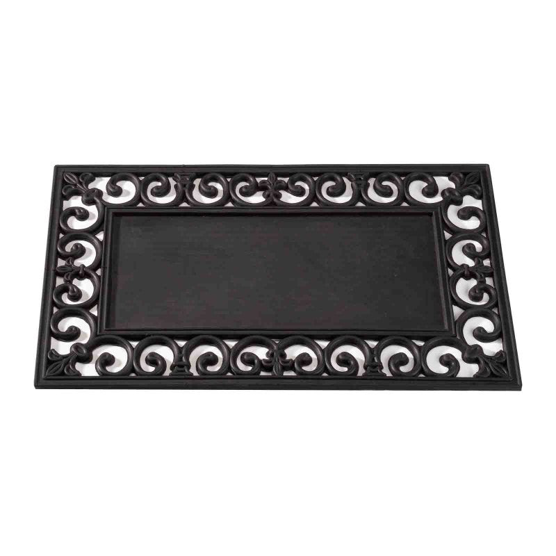 Black rubber doormat frame with ornate scrollwork border, 75 x 45cm, on white background