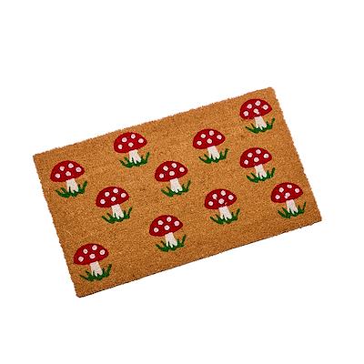 Shrooms mushroom coir doormat with red toadstool print, 75 x 45cm, on white background