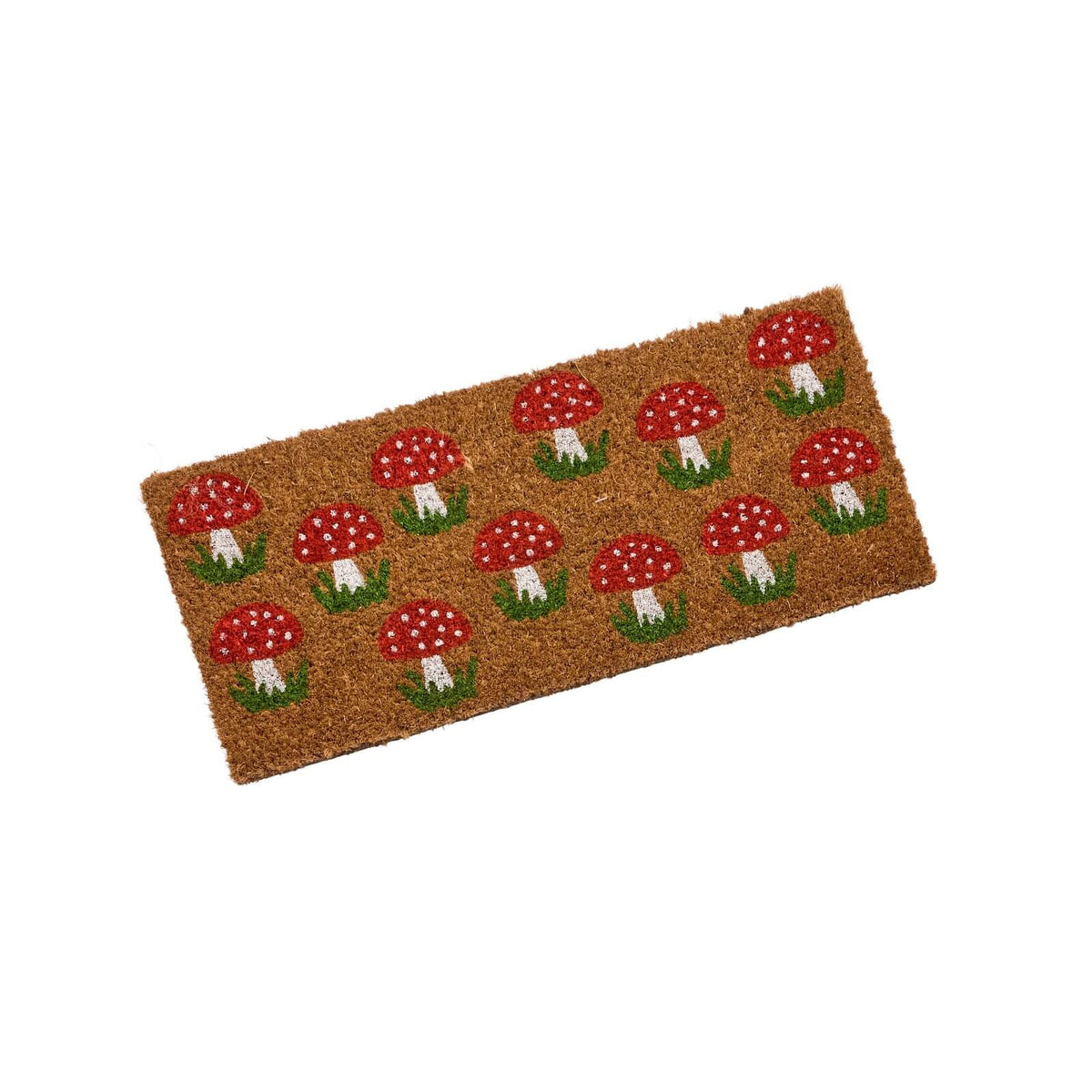 Shrooms coir doormat insert with red toadstool mushroom print, 53 x 23cm, on white background