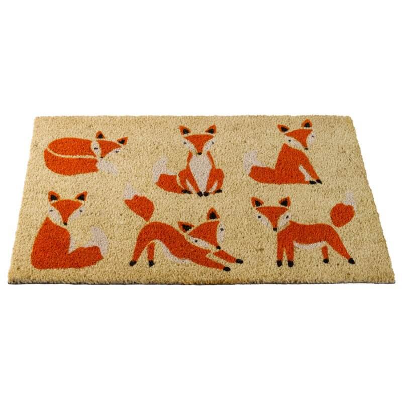 Six vixens fox coir doormat with six foxes in playful poses, 75 x 45cm, on white background