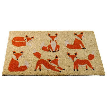 Six vixens fox coir doormat with six foxes in playful poses, 75 x 45cm, on white background