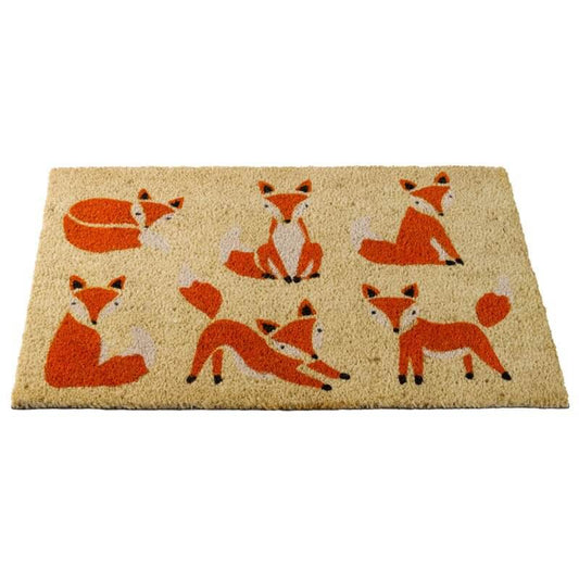 Six vixens fox coir doormat with six foxes in playful poses, 75 x 45cm, on white background