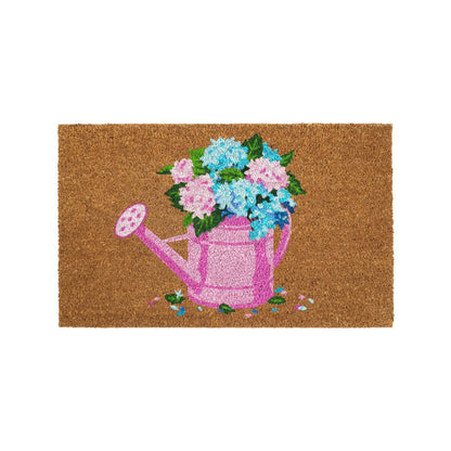 Watering bloom coir doormat with pink watering can and floral design, 75 x 45cm, on white background