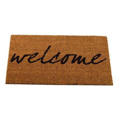 Welcome coir doormat with black script lettering, 75 x 45cm, on white background
