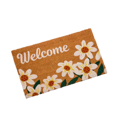 Welcome daisy coir doormat with white script lettering and daisy flower design, 75 x 45cm, on white background