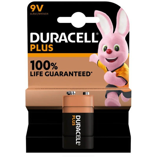 Duracell Plus 9V alkaline battery, single on card