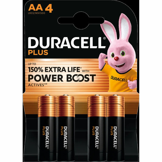 Duracell Plus AA alkaline batteries, pack of 4 on card